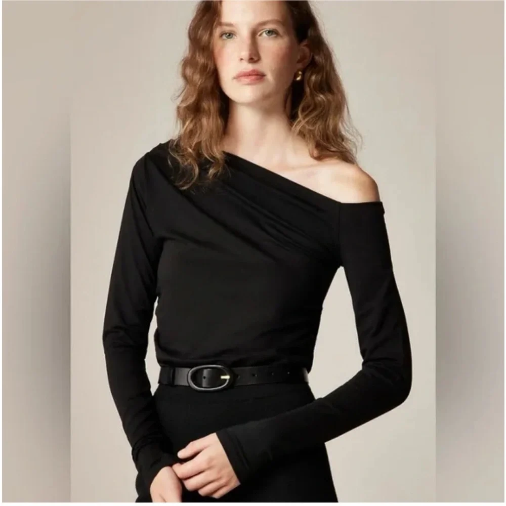 NEW J. CREW Asymmetrical off-the-shoulder top stretch cotton blend brown Size XS